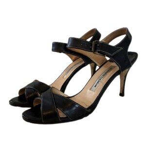 Manolo Blahnik Black Crisscross Leather Sandals | 3.5” Heel | Size 39